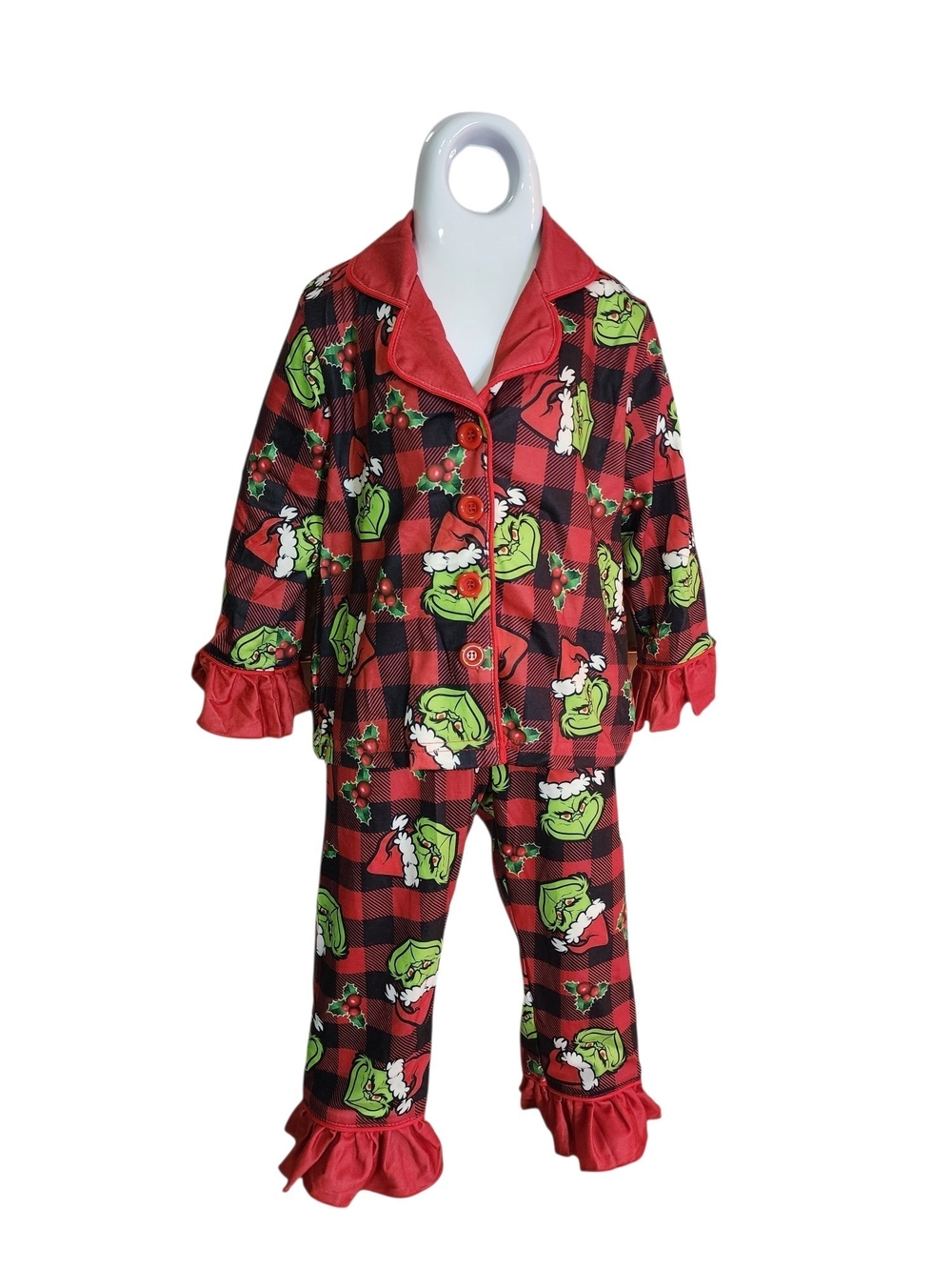 Kids Red Buffalo Plaid Grinch Pajama Costume